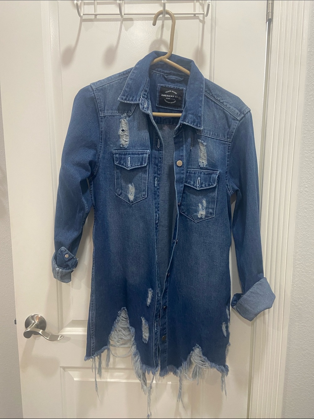 Distressed Long Denim Shacket - Blue